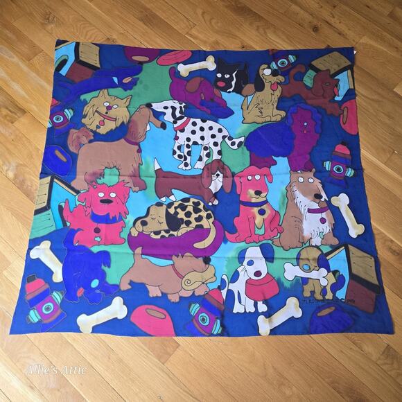 Silkscapes Vintage 90s Hand Painted Scarf Vibrant Rainbow Dogs Lover 100% Silk - Picture 1 of 7